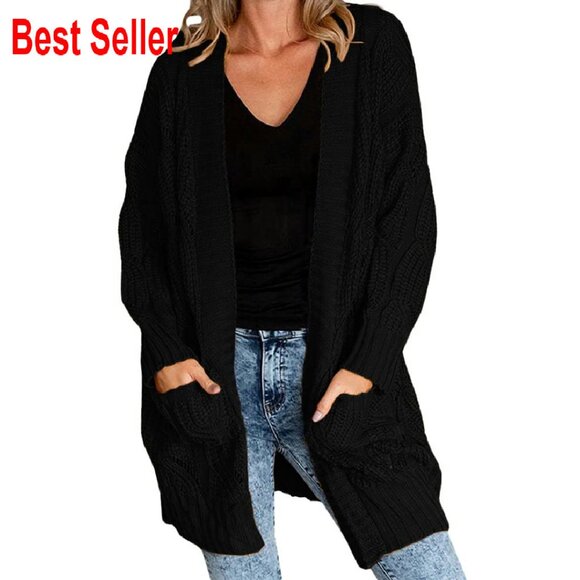 Chunky Cable Knit Cardigan Oversized Open Front Cozy Casual Sweater with Pockets